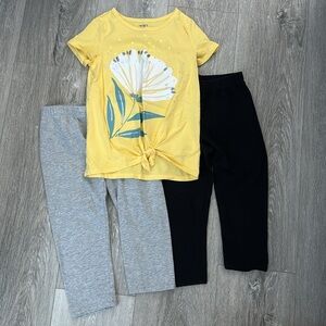 NWOT Carter’s Yellow Shirt & 2 Pairs of Thereabouts Capris Black&Gray Size 6/6X